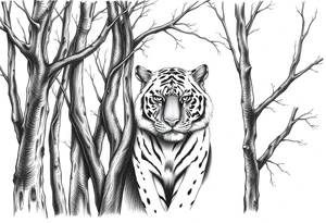 In front of the intertwined trees, looming inside the woods was a tiger that was very hard to see. tattoo idea