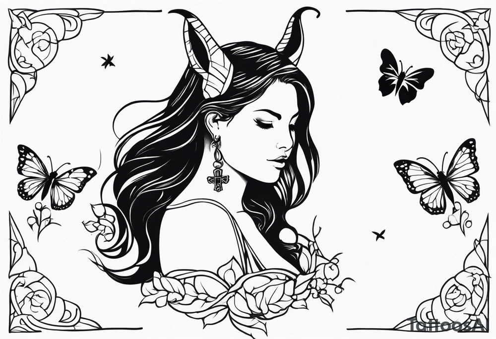 Capricorn and butterflies with a cross sleeve tattoo idea