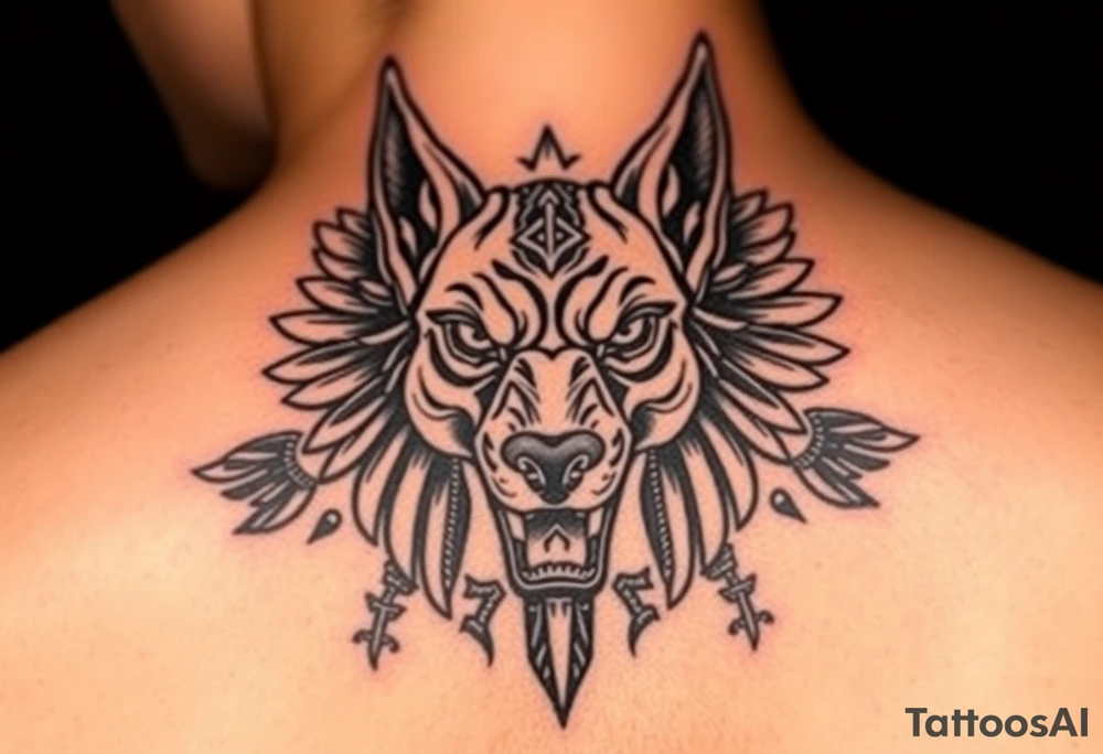 Egyptian Anubis god powerful face muscle in Egypt style dog face surrounded Egyptian symbols tattoo idea
