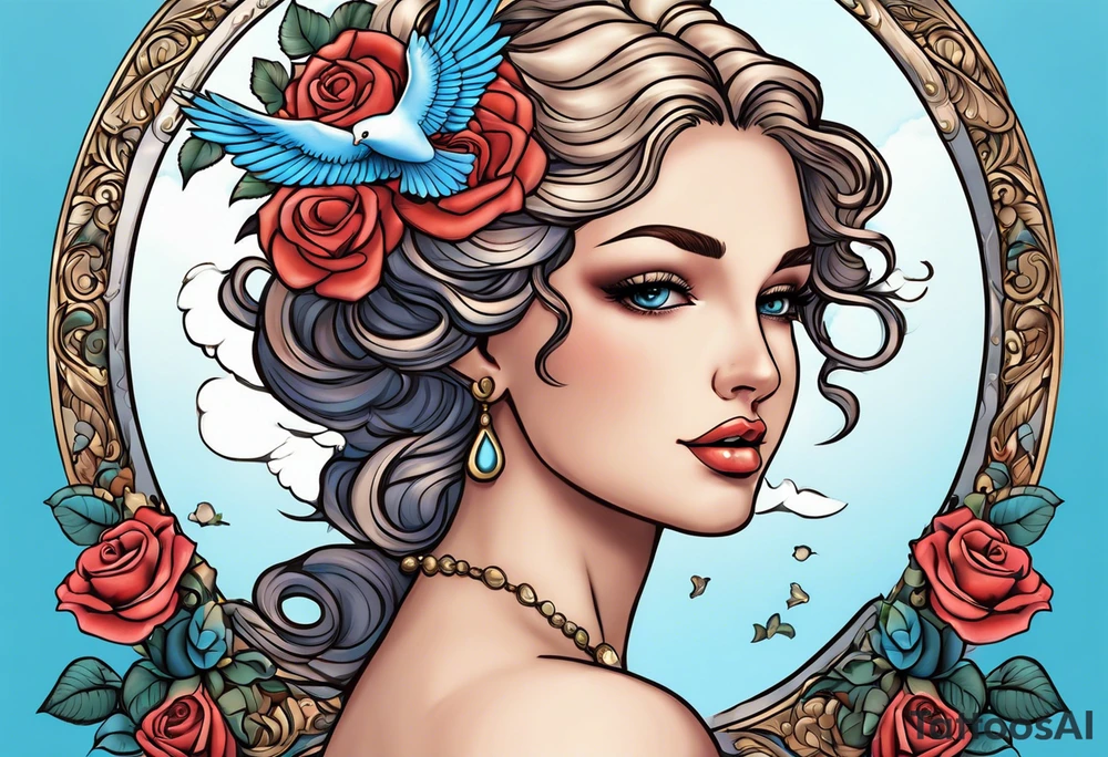 Portrait of Aphrodite: A face or full-length image of the goddess, often in a realistic style, perhaps decorated with flowers, seashells, or doves.rose, doves, shells and a mirror in his hand. background sea, blue roses frames,, romantic,A boy with wings and a bow, cupido tattoo idea