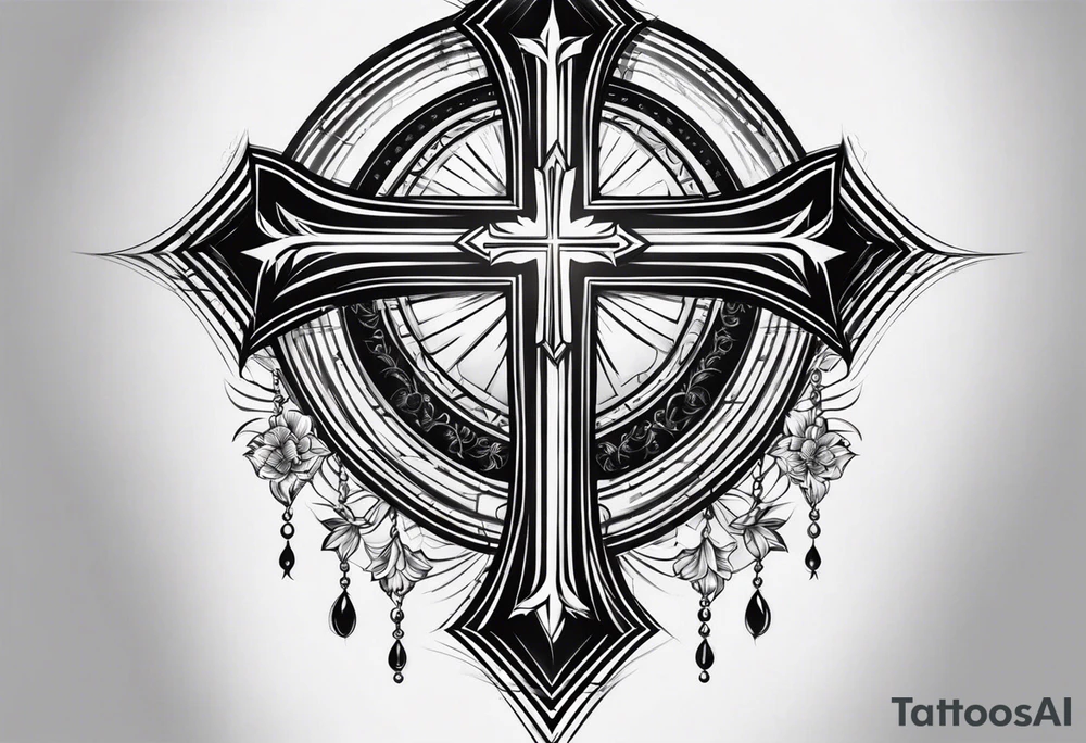 Tattoo: A refined cross with a soft halo on top of it, symbolizing light and spirituality. Delicate rays extend outward from the halo, adding a subtle glow and depth. The cross itself is simple and elegant, with potential for small, intricate line details within the design. tattoo idea