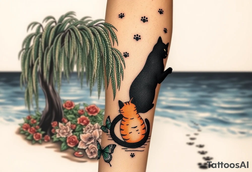 Night time. Ocean.  weeping willow garden with roses and liles flower beds. fantasy creatures, fairies, mermiads, dragons butterflies,  cat paw prints path in dirt. Black cat and orange cat tattoo idea