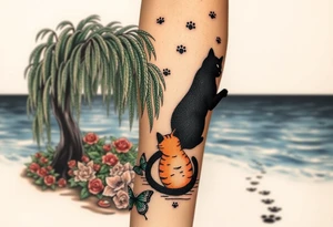Night time. Ocean.  weeping willow garden with roses and liles flower beds. fantasy creatures, fairies, mermiads, dragons butterflies,  cat paw prints path in dirt. Black cat and orange cat tattoo idea