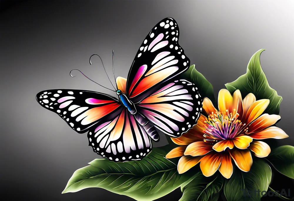 Butterfly: “A vibrant butterfly with colorful wings, resting on a flower, showcasing transformation and beauty.” tattoo idea