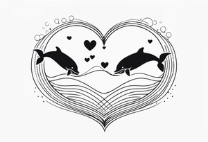 Two cartoon cute whales making heart with tails tattoo idea