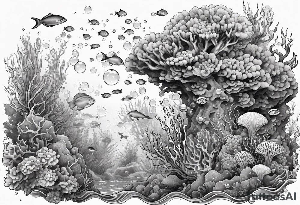 dark underwater coral reef with bubbles, flowing water lines, lost city of atlantis tattoo idea