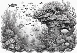 dark underwater coral reef with bubbles, flowing water lines, lost city of atlantis tattoo idea