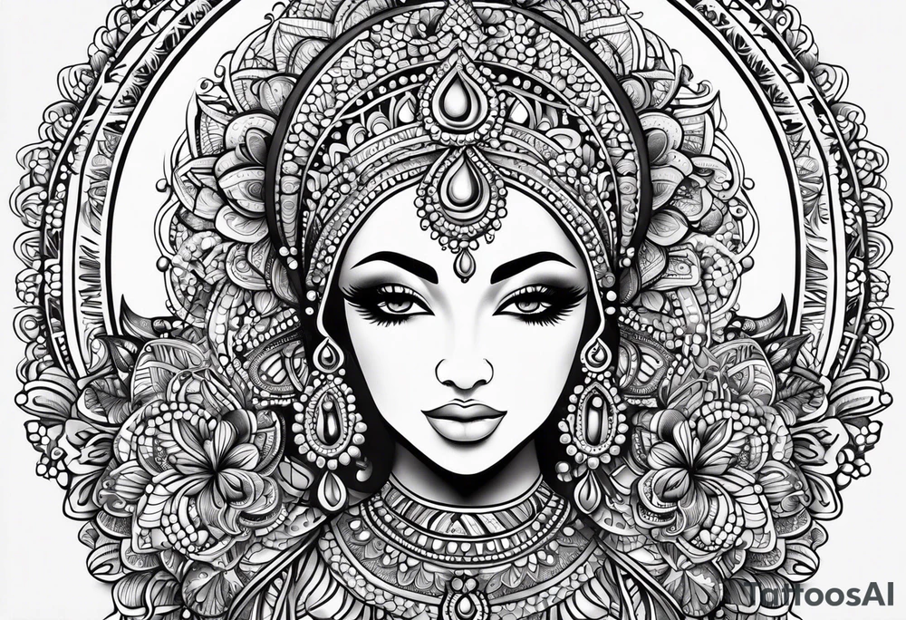 Full arm mandala henna female tattoo design with mushroom henna at shoulder tattoo idea