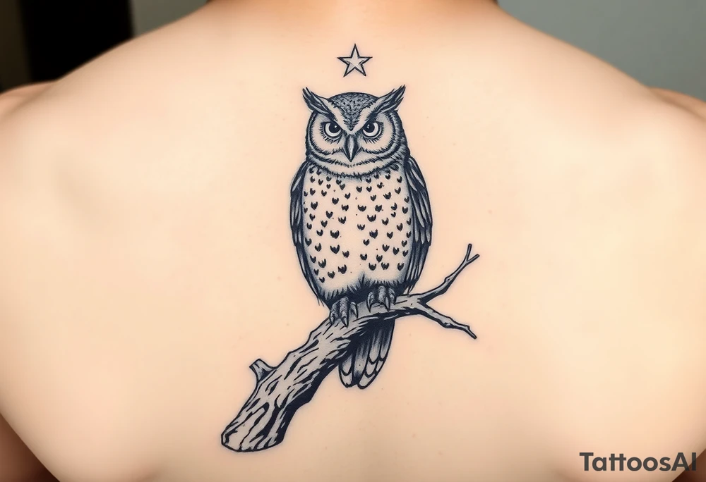 wise owl perched on ancient oak branch under starlit sky tattoo idea