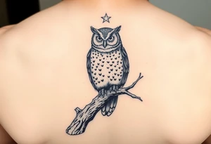 wise owl perched on ancient oak branch under starlit sky tattoo idea