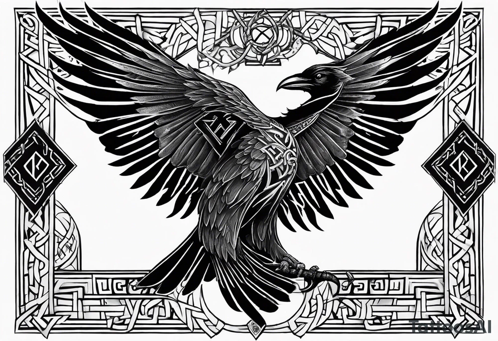 odins raven in a Norse rune style for placement on the neck with the ravens wings going up the sides of the neck. Norse knots and runes throughout tattoo idea