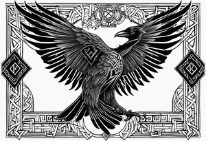 odins raven in a Norse rune style for placement on the neck with the ravens wings going up the sides of the neck. Norse knots and runes throughout tattoo idea