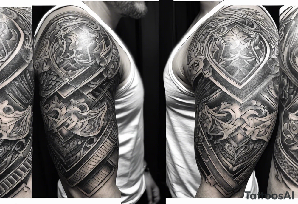 half sleeve, upper right arm and shoulder, leather armor tattoo idea half sleeve, upper right arm and shoulder, leather armor tattoo idea
