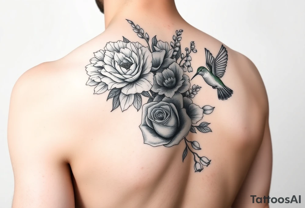 Bouquet of flowers with a carnation, rose, Lily of the valley, delphinium with stems Starting upper middle back to right shoulder With humming bird feeding on rose tattoo idea
