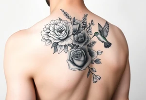 Bouquet of flowers with a carnation, rose, Lily of the valley, delphinium with stems Starting upper middle back to right shoulder With humming bird feeding on rose tattoo idea