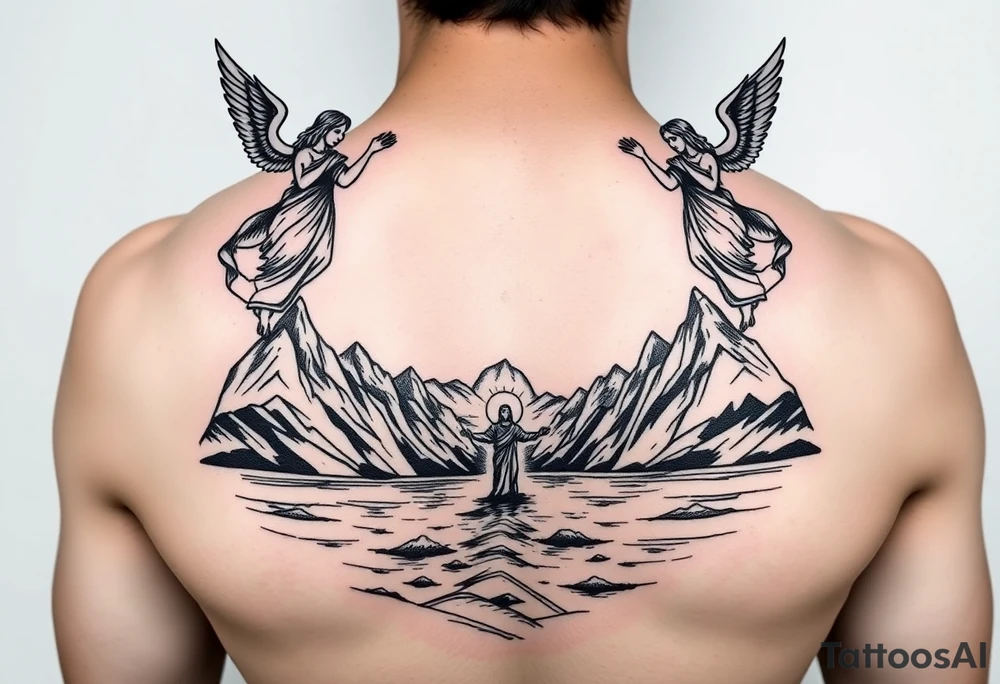 Jesus walking on water with mountains around and two angels looking over him tattoo idea