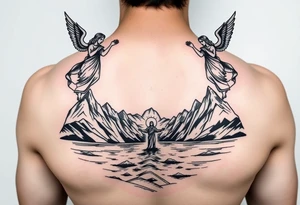 Jesus walking on water with mountains around and two angels looking over him tattoo idea