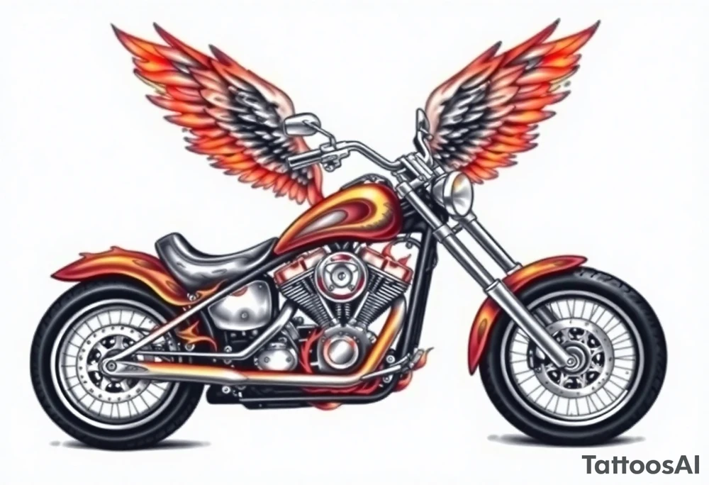 Low rider motorcycle, flames, angel wings tattoo idea