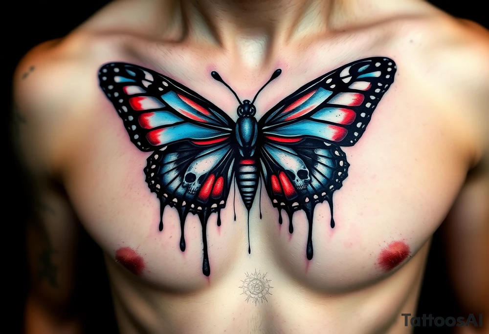 powerful majestic and dark monarch butterfly with skull detail in the wings
hidden skulls in wings, skull detail making the body of the butterfly with a horror style dripping effect, including blue, red and white colouring
placement on chest
combine the favorites tattoo idea