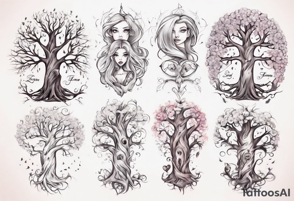 Female forearm, daughter, son, fairytale, family tree tattoo idea