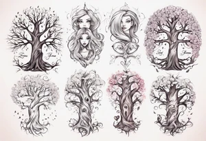 Female forearm, daughter, son, fairytale, family tree tattoo idea
