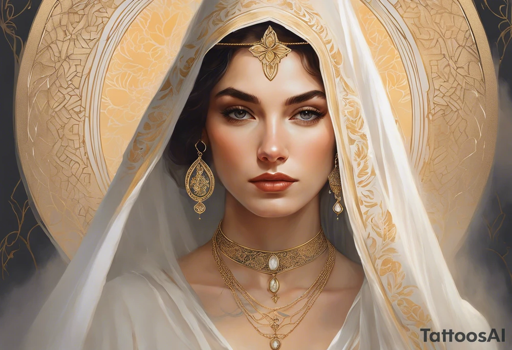 A serene and elegant portrait of a woman with a calm and angelic expression, wearing a delicate white veil, gold jewelry with intricate designs, and a pendant with a religious icon. The lighting is soft and warm, creating a painterly and ethereal effect, reminiscent of classical art holding a lamp in her hand tattoo idea