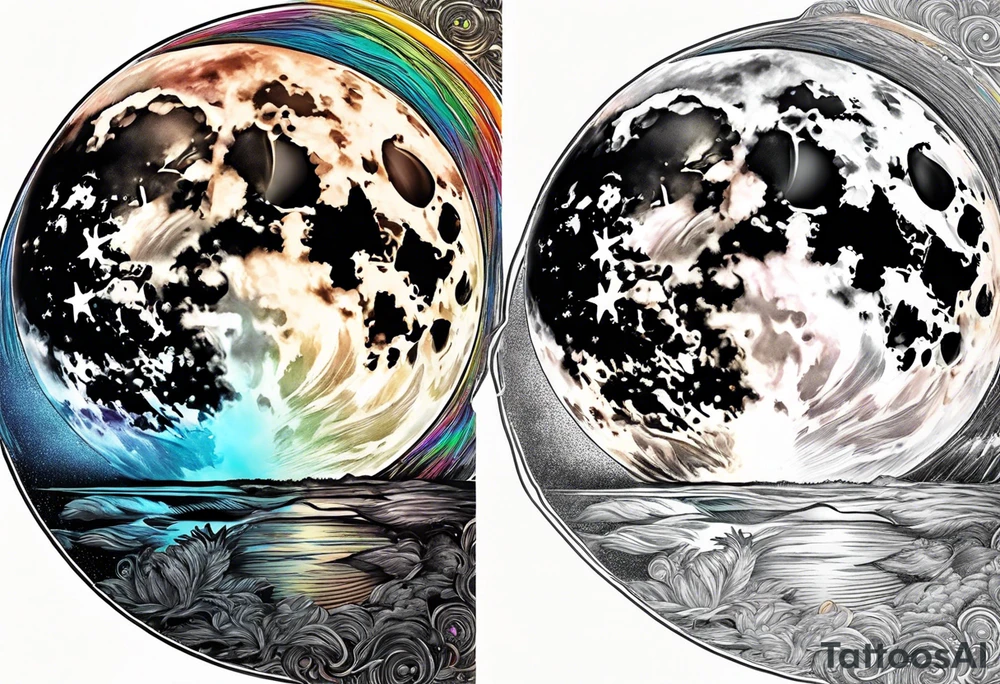 Full moon realistic, with one side rainbow edge tattoo idea