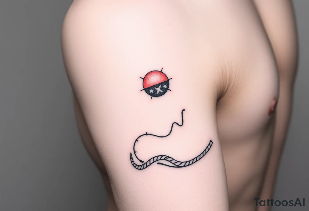 "Minimalist tattoo line wrapping around forearm. Black Greek meander pattern with:  
1. Small red sun (circle + 4 triangles)  
2. Flowing black dragon (simple zigzag)  
No background, no shading, perfect loop." tattoo idea