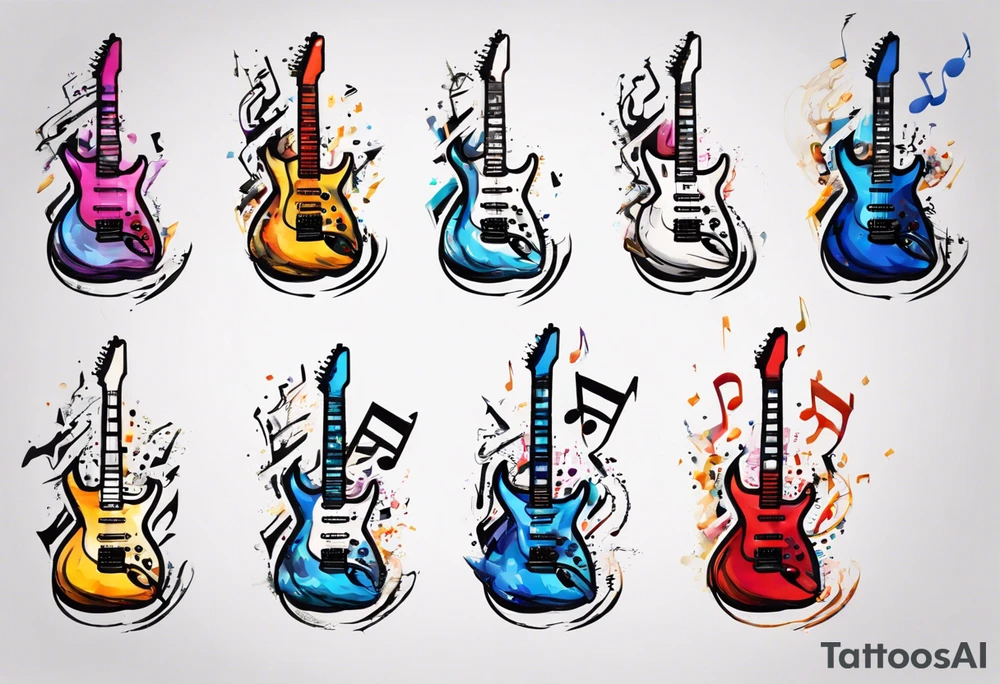 Create a unique tattoo design inspired by my passion for the electric guitar and video games. It could be an abstract representation of musical notes and pixel graphics. tattoo idea