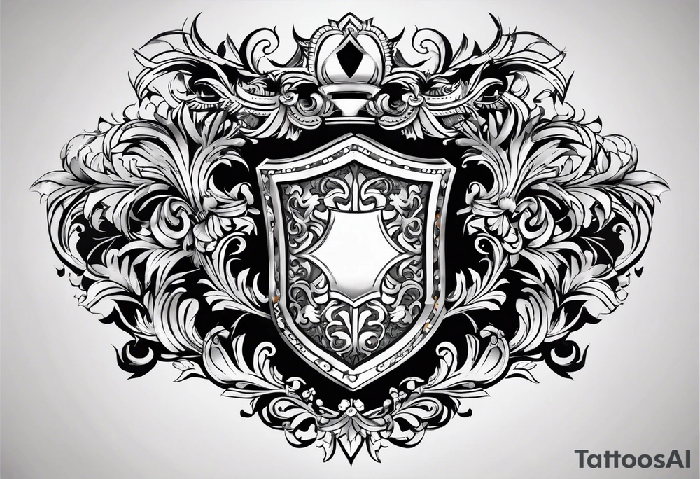 Design a large chest shield the includes the upper shoulder.  The theme should be family forever.  In the center of the chest shield will be the family crest. tattoo idea