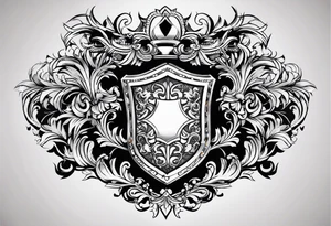 Design a large chest shield the includes the upper shoulder.  The theme should be family forever.  In the center of the chest shield will be the family crest. tattoo idea