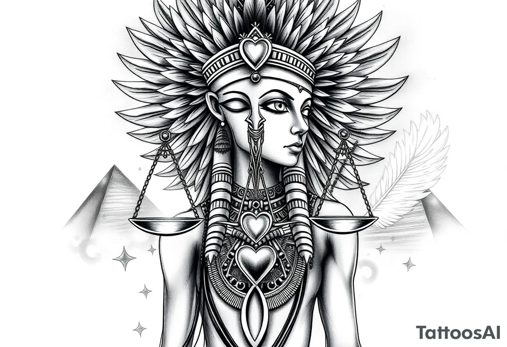 Beautiful Egyptian goddess woman, depicted as a regal woman with an ostrich feather headdress, intense glowing eyes, and intricate ancient Egyptian jewelry. She stands or floats amidst swirling cosmic energy and beams of light, with subtle hieroglyphics and pyramids in the background. Incorporate the Scales of Justice—one side holding a heart, the other Ma’at’s feather—glowing with ethereal energy. Emphasize dramatic lighting, deep shadows, and surreal, mystical atmosphere to match a sleeve with Anubis and cosmic motifs. Design should flow with existing sleeve art, using soft transitions and layered textures. tattoo idea