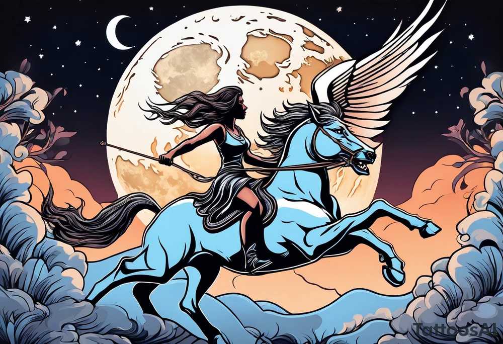 Edgy woman riding a Pegasus fighting a werewolf under a full moon tattoo idea