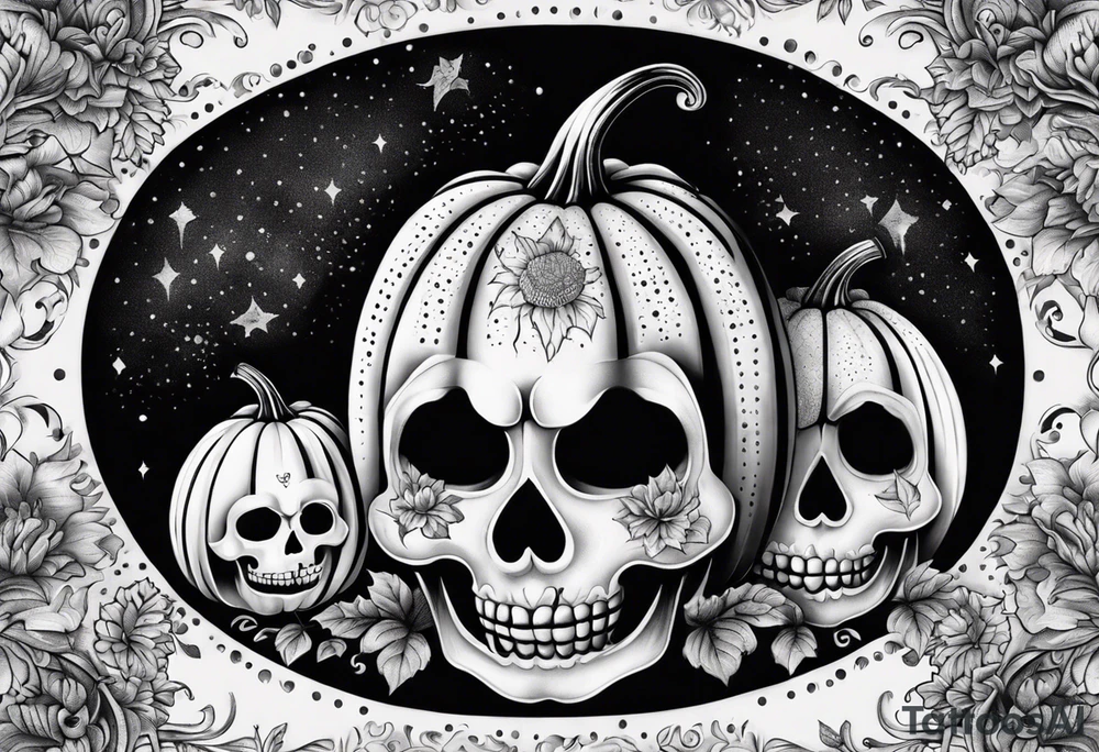Carved pumpkin with skeletons kissing tattoo idea