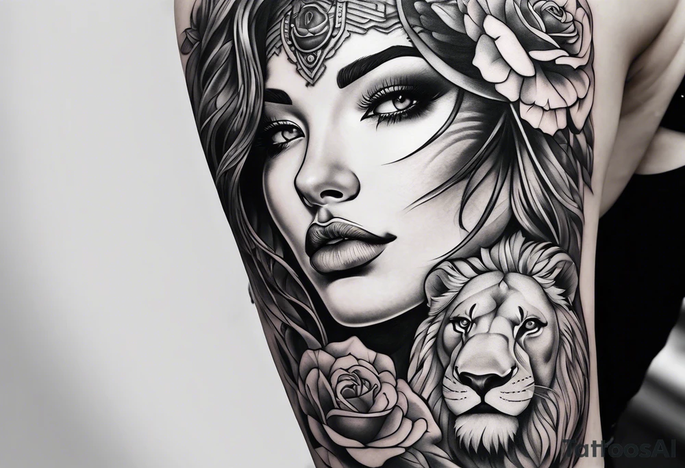 woman tattoo under the sign of a lion tattoo idea