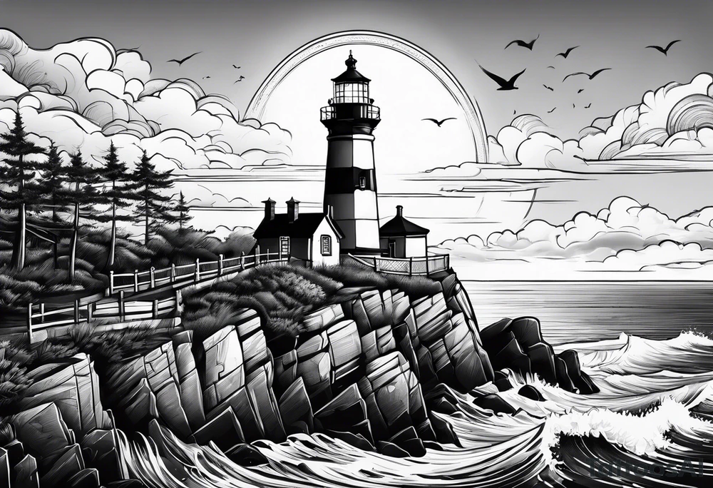Light house with ocean view tattoo idea