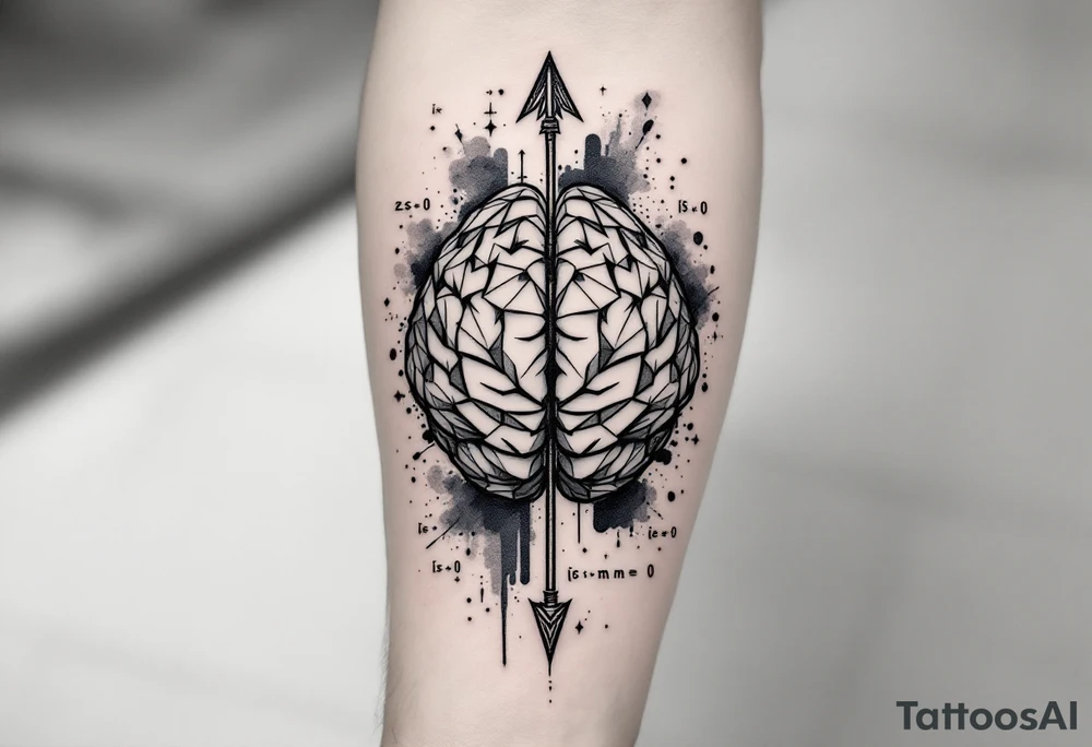 A geometric, vertical, front-seen brain. A detailed arrow crosses from below and exit from the top, with its tip desintegrating to represent entropy and watercolor stains spilled from the arrow. Around of the main tattoo, math and physics formulas, including the formulas "ΔS ≥ 0" and "(iδ + m) Φ = 0" tattoo idea