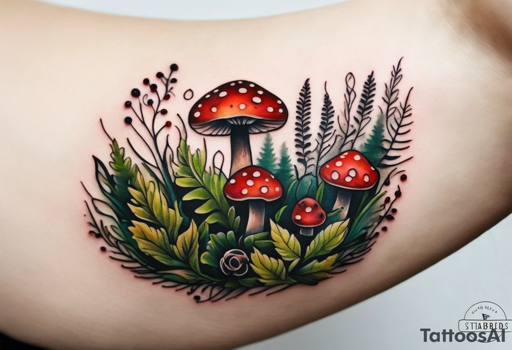 minimalistic forest floor inspired tattoo, which includes grass, moss, curly ferns and dead leaves as the bulk of the tattoo. details to include: forest berries, couple of very small brown mushrooms, a tiny bumblebee flying nearby tattoo idea