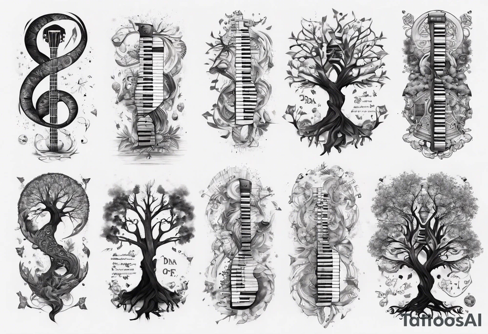 full arm sleeve tattoo... DNA science guitar piano, music. tree of life tattoo idea