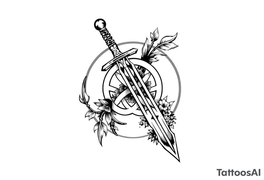 Armband tattoo combining a Celtic knot with a sword and nature tattoo idea