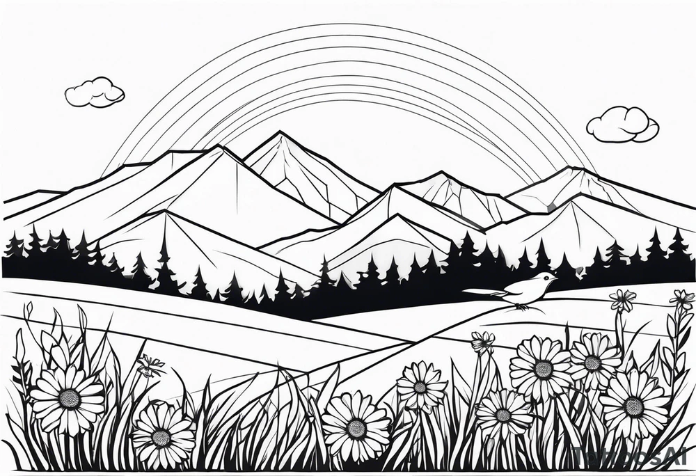 Geometric small bird in a grass and daisy field with Mountain View behind tattoo idea