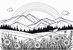 Geometric small bird in a grass and daisy field with Mountain View behind tattoo idea