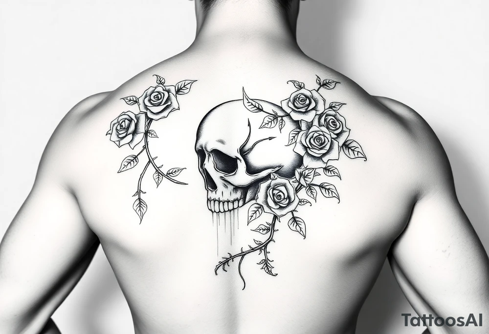 gothic skull intertwined with climbing roses and thorny vines tattoo idea
