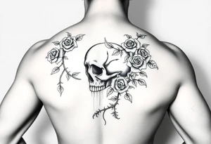 gothic skull intertwined with climbing roses and thorny vines tattoo idea