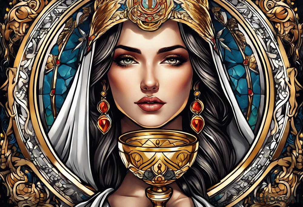 woman saint holding chalice surrounded by golden halo tattoo idea