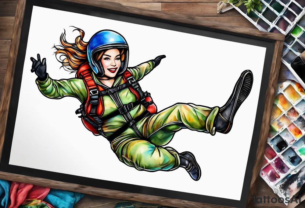 Woman skydiver jumping from plane with parachute tattoo idea