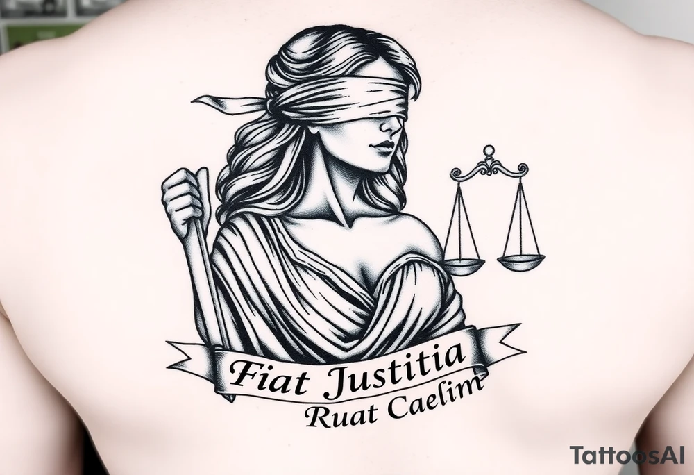 A striking black and grey tattoo design of a regal, blindfolded woman, symbolizing justice. She has an air of strength and wisdom, with flowing hair and a serene yet powerful expression. One breast is exposed, representing vulnerability and truth. She holds a sword in one hand, symbolizing enforcement of justice, and a set of scales in the other, signifying balance. The Latin phrase ‘Fiat Justitia Ruat Caelum’ is elegantly inscribed in a classical, Roman-inspired font, either flowing beneath her or wrapping around the design. The overall style is a fusion of realism and fine-line tattoo artistry, with intricate shading and dramatic contrasts to give depth and texture tattoo idea
