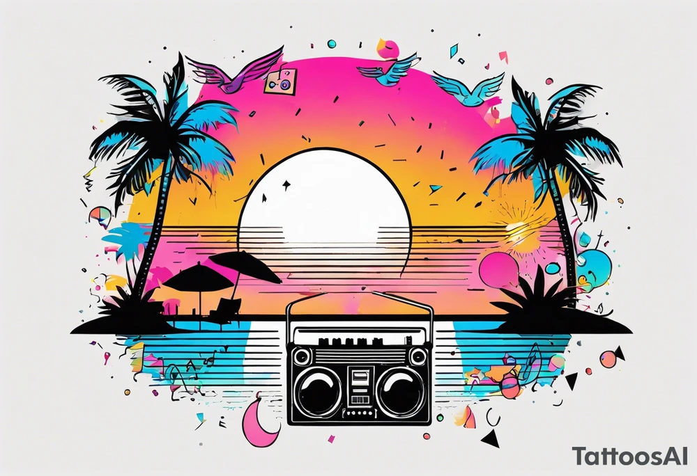1980's miami vice style beach dance 
party, include confetti, music notes, boom box, bikinis sunset in the center tattoo idea