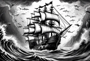 Full sleeve with pirate ship in stormy weather and sharks swimming below tattoo idea