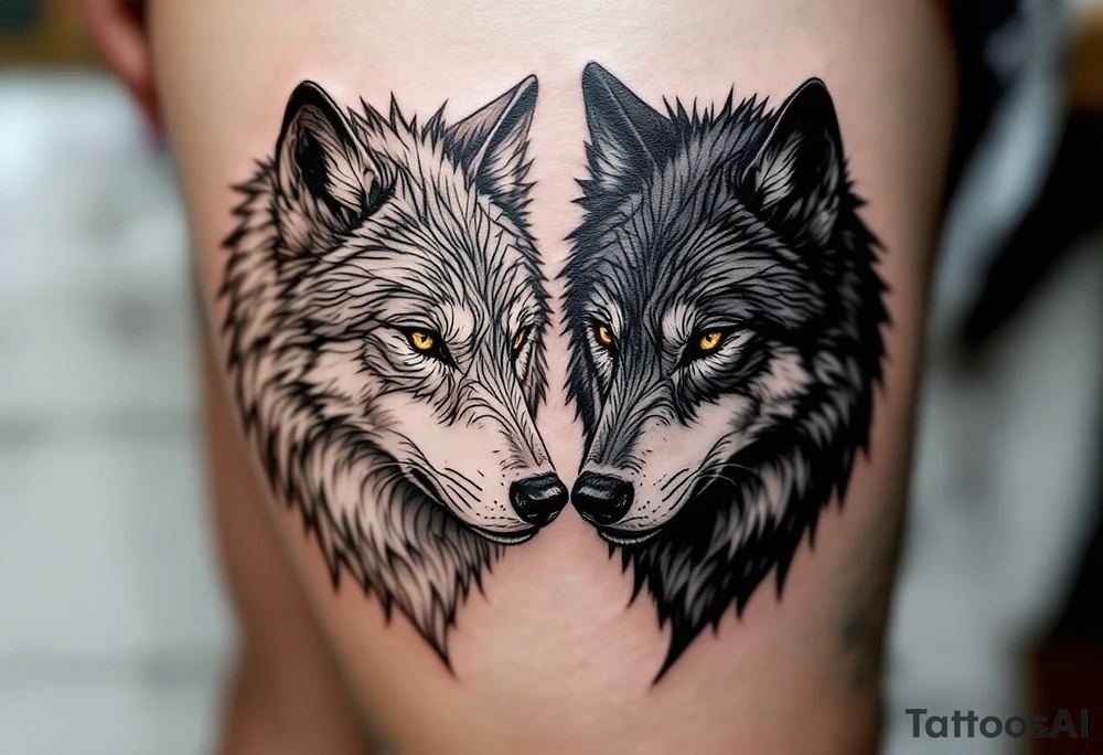 Black wolf and a white wolf side by side tattoo idea